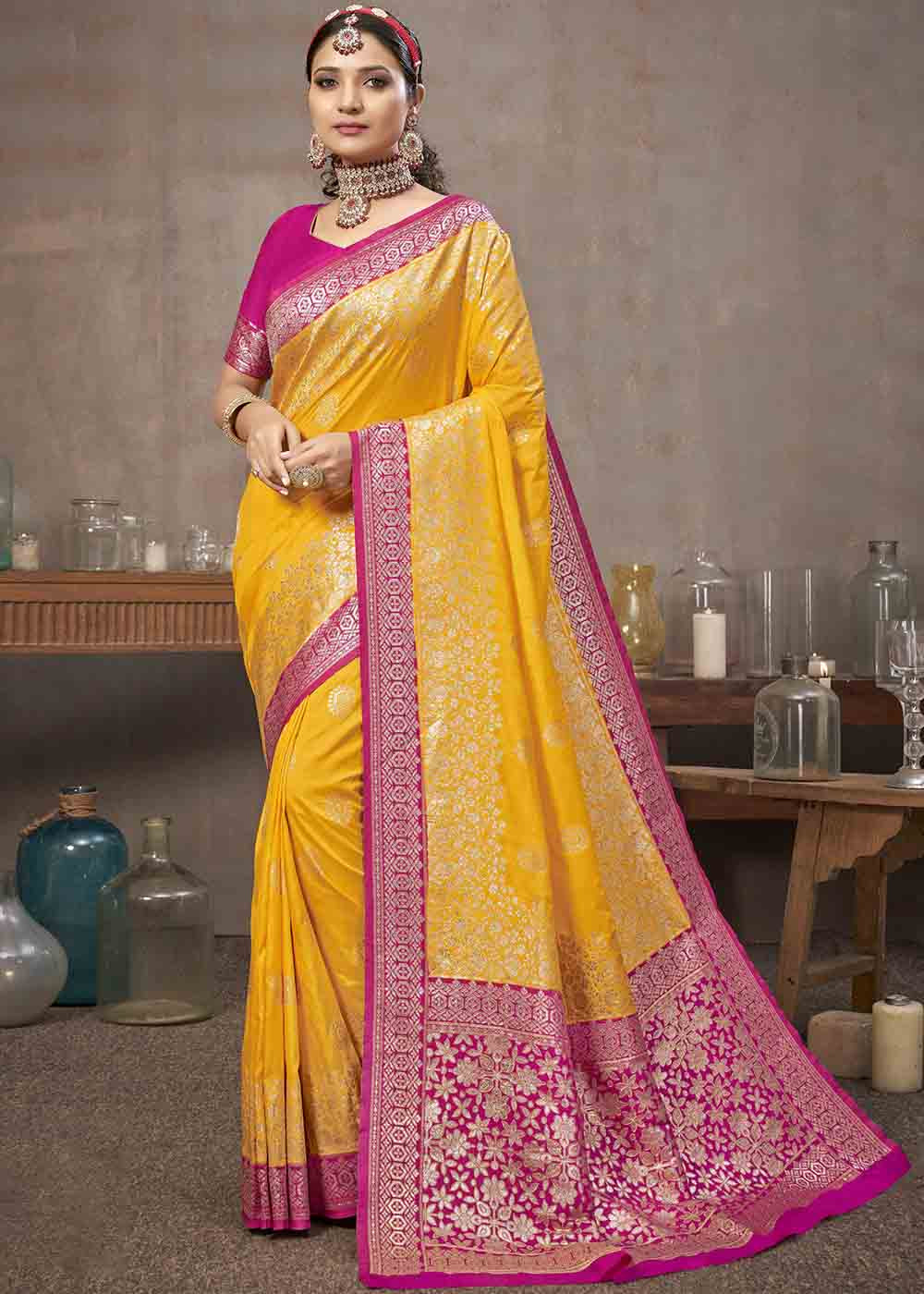 Golden Yellow Zari Woven Silk Saree with Contrast Pallu & Border