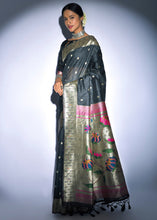 Load image into Gallery viewer, Midnight Black Zari Woven Paithani Tussar Silk Saree