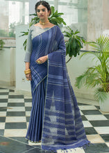 Load image into Gallery viewer, Capri Blue Linen Saree having Zari Woven Stripes