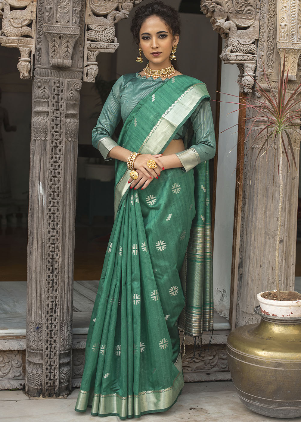 Teal Green Zari Woven Tussar Silk Saree