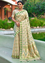 Load image into Gallery viewer, Green &amp; Cream Zari Woven Floral Tussar Silk Saree