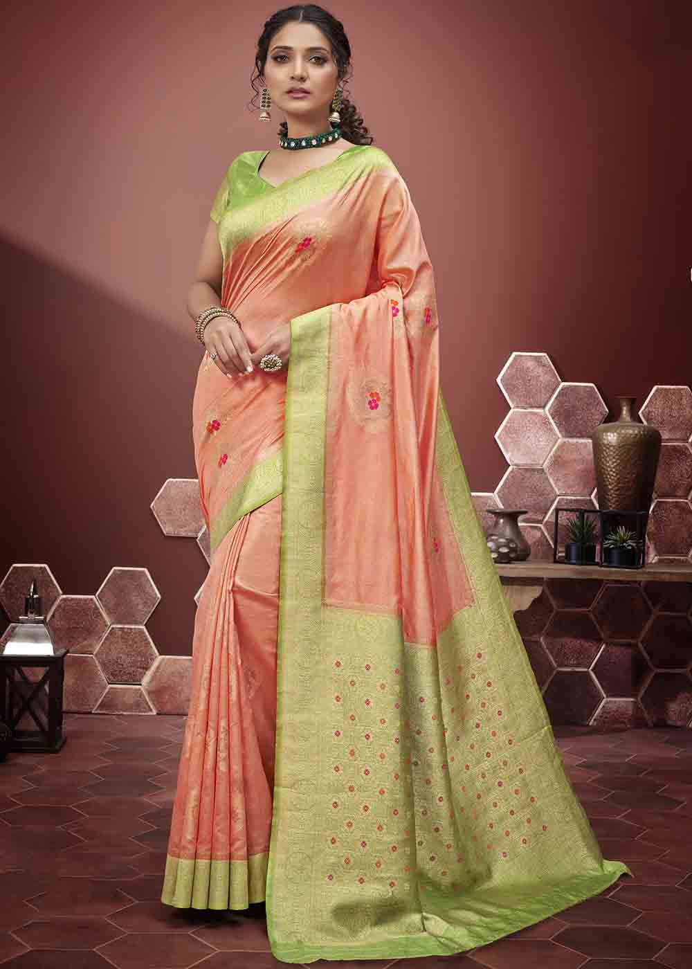 Peach Pink Zari Woven Silk Saree with Contrast Pallu & Border