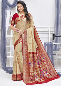 Beige Brown Zari Woven Soft Banarasi Silk Saree with overall Butti