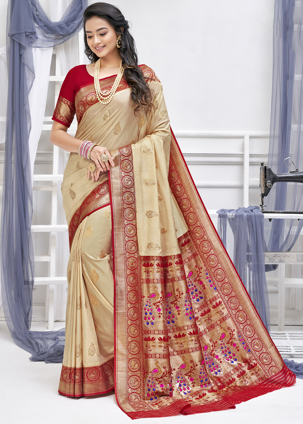 Beige Brown Zari Woven Soft Banarasi Silk Saree with overall Butti