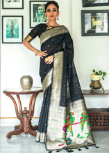 Load image into Gallery viewer, Pitch Black Zari Woven Tussar Silk Saree having Paithani Design Pallu