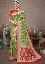 Load image into Gallery viewer, Fern Green Zari Woven Banarasi Silk Saree with Contrast Pallu &amp; Blouse