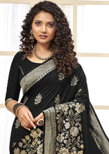 Load image into Gallery viewer, Midnight Black Designer Floral Zari Woven Banarasi Silk Saree