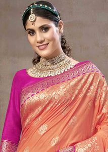 Salmon Pink Zari Woven Silk Saree with Contrast Pallu & Border