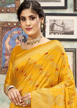Load image into Gallery viewer, Mustard Yellow Sequence Zari Weaving Soft Silk Saree