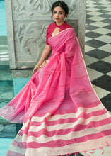 Load image into Gallery viewer, Raspberry Pink Linen Saree having Zari Woven Stripes