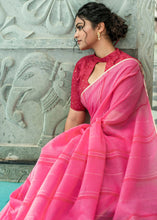 Load image into Gallery viewer, Raspberry Pink Linen Saree having Zari Woven Stripes