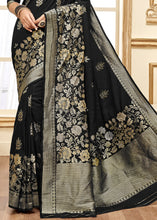 Load image into Gallery viewer, Midnight Black Designer Floral Zari Woven Banarasi Silk Saree