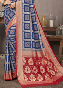 Navy Blue Zari Woven Banarasi Silk Saree with Contrast Pallu & Blouse
