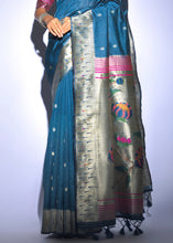 Load image into Gallery viewer, Sapphire Blue Zari Woven Paithani Tussar Silk Saree
