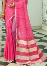 Load image into Gallery viewer, Raspberry Pink Linen Saree having Zari Woven Stripes