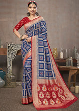 Load image into Gallery viewer, Navy Blue Zari Woven Banarasi Silk Saree with Contrast Pallu &amp; Blouse