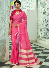 Load image into Gallery viewer, Raspberry Pink Linen Saree having Zari Woven Stripes
