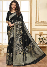 Load image into Gallery viewer, Midnight Black Designer Floral Zari Woven Banarasi Silk Saree