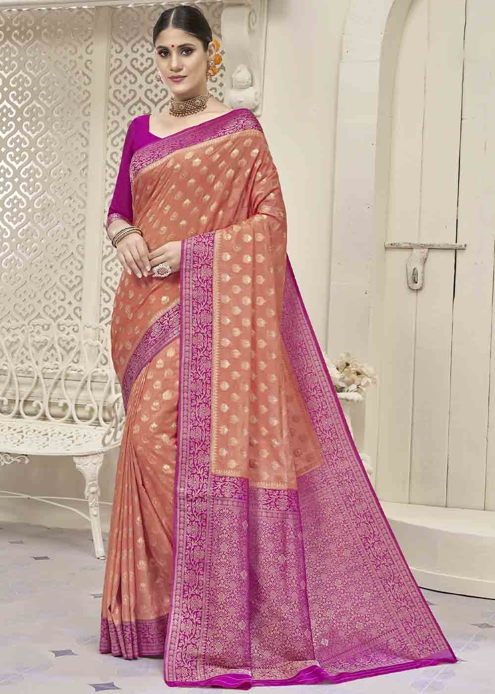Sea Pink Zari Woven Georgette Saree with Overall Butti work