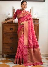 Load image into Gallery viewer, Punch Pink South Silk Saree with all over Zari Woven Stripes