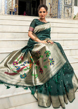 Load image into Gallery viewer, Sacramento Green Zari Woven Tussar Silk Saree having Paithani Design Pallu