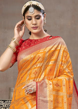 Load image into Gallery viewer, Saffron Yellow Zari Woven Banarasi Silk Saree with Contrast Pallu &amp; Blouse