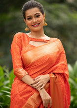 Load image into Gallery viewer, Papaya Orange Self Weaving Banarasi Silk Saree with Zari Border &amp; Pallu