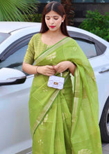 Load image into Gallery viewer, Slime Green Zari Woven Linen Silk Saree