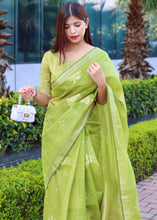 Load image into Gallery viewer, Slime Green Zari Woven Linen Silk Saree