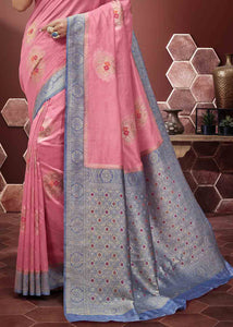 Carmine Pink Zari Woven Silk Saree with Contrast Pallu & Border