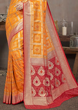 Load image into Gallery viewer, Saffron Yellow Zari Woven Banarasi Silk Saree with Contrast Pallu &amp; Blouse