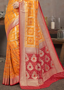 Saffron Yellow Zari Woven Banarasi Silk Saree with Contrast Pallu & Blouse