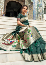 Load image into Gallery viewer, Sacramento Green Zari Woven Tussar Silk Saree having Paithani Design Pallu