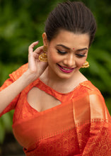 Load image into Gallery viewer, Papaya Orange Self Weaving Banarasi Silk Saree with Zari Border &amp; Pallu