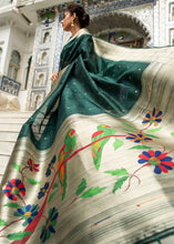 Load image into Gallery viewer, Sacramento Green Zari Woven Tussar Silk Saree having Paithani Design Pallu