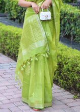 Load image into Gallery viewer, Slime Green Zari Woven Linen Silk Saree