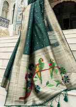 Load image into Gallery viewer, Sacramento Green Zari Woven Tussar Silk Saree having Paithani Design Pallu