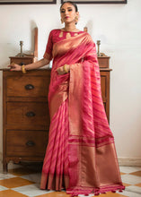 Load image into Gallery viewer, Punch Pink South Silk Saree with all over Zari Woven Stripes
