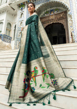 Load image into Gallery viewer, Sacramento Green Zari Woven Tussar Silk Saree having Paithani Design Pallu