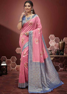 Carmine Pink Zari Woven Silk Saree with Contrast Pallu & Border