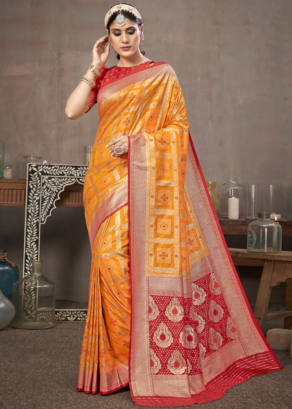Saffron Yellow Zari Woven Banarasi Silk Saree with Contrast Pallu & Blouse