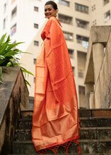 Load image into Gallery viewer, Papaya Orange Self Weaving Banarasi Silk Saree with Zari Border &amp; Pallu