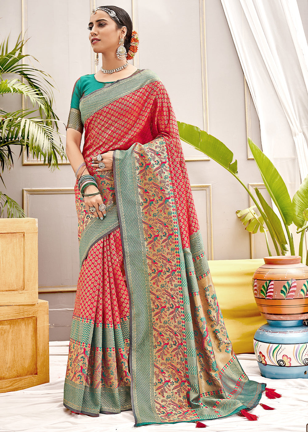 Tart Red Woven Silk Saree with Contrast Border & Pallu