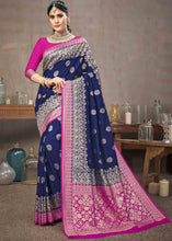 Load image into Gallery viewer, Indigo Blue Zari Woven Silk Saree with Contrast Pallu &amp; Border