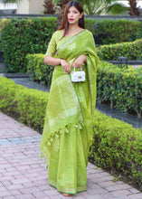Load image into Gallery viewer, Slime Green Zari Woven Linen Silk Saree