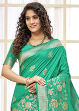 Load image into Gallery viewer, Caribbean Green Designer Floral Zari Woven Banarasi Silk Saree