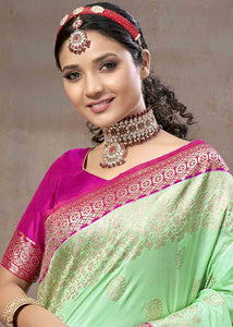 Mint Green Zari Woven Silk Saree with Contrast Pallu & Border