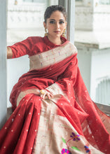 Load image into Gallery viewer, Light Maroon Red Zari Woven Tussar Silk Saree having Paithani Design Pallu