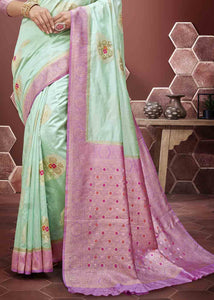 Light Green Zari Woven Silk Saree with Contrast Pallu & Border