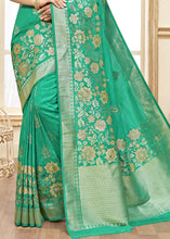 Load image into Gallery viewer, Caribbean Green Designer Floral Zari Woven Banarasi Silk Saree